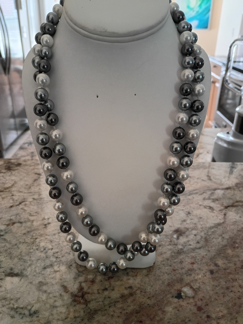 Classic Gray and White Pearl Long Necklace Single Strand